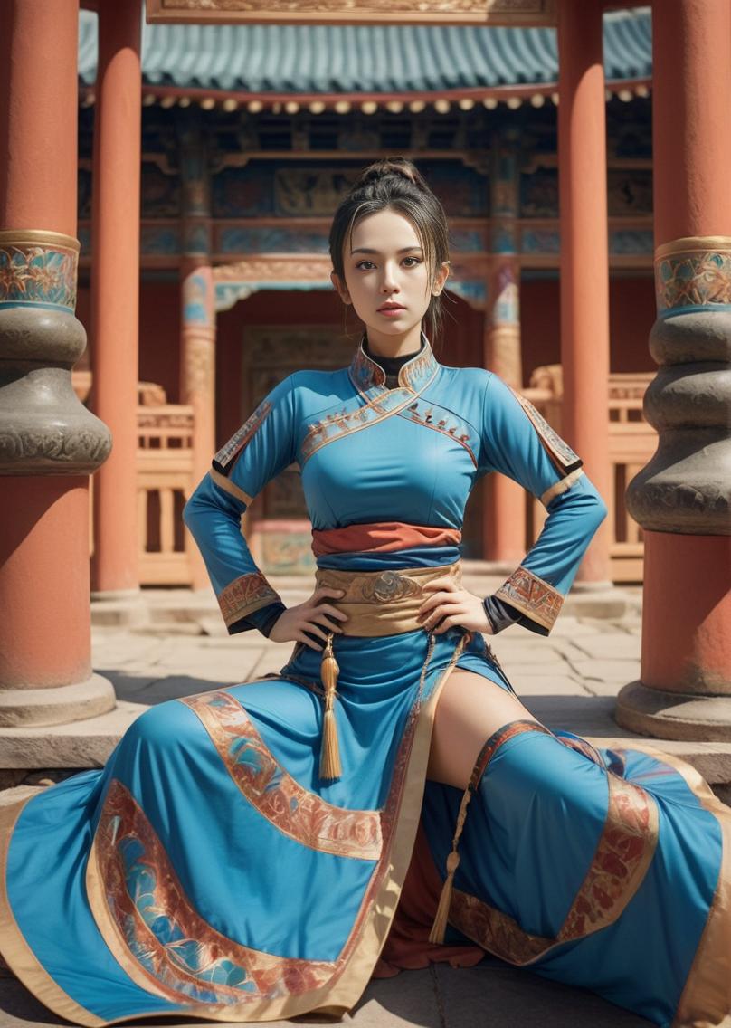 05185-4046097625-Psychedelic style side light,cinema grade lighting,a girl,_lora_zzy_SDXL_1__1_,zzy,black hair bun,in front of shaolin temple,len.png